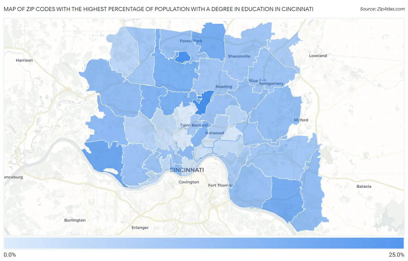 Zip Codes with the Highest Percentage of Population with a Degree in Education in Cincinnati Map