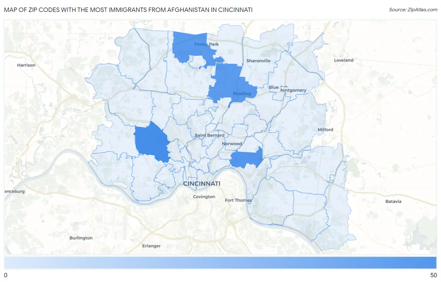 Zip Codes with the Most Immigrants from Afghanistan in Cincinnati Map
