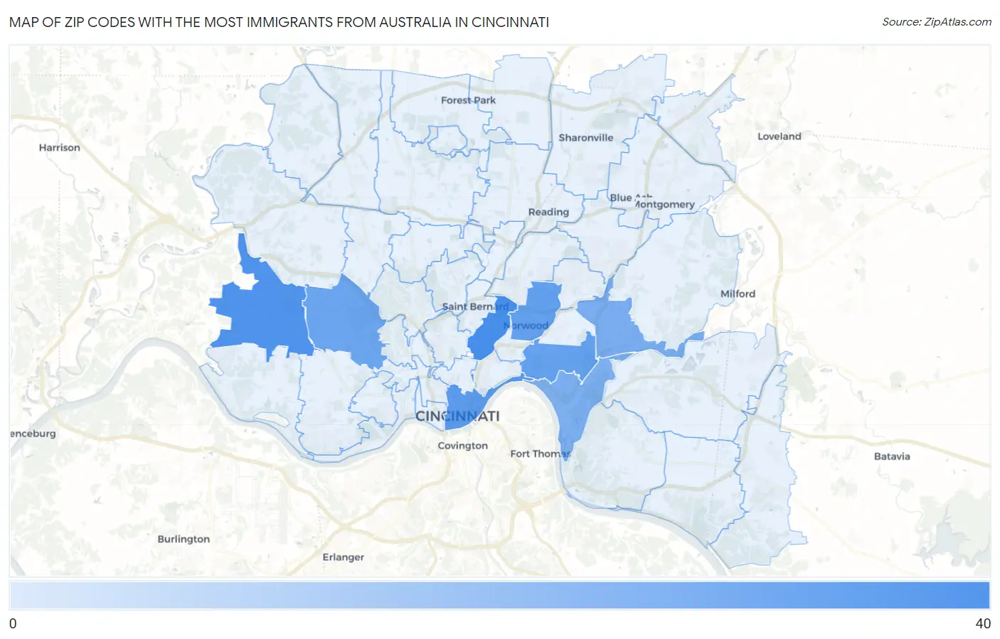 Zip Codes with the Most Immigrants from Australia in Cincinnati Map