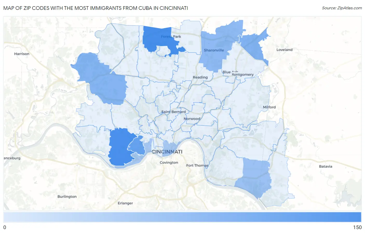 Zip Codes with the Most Immigrants from Cuba in Cincinnati Map