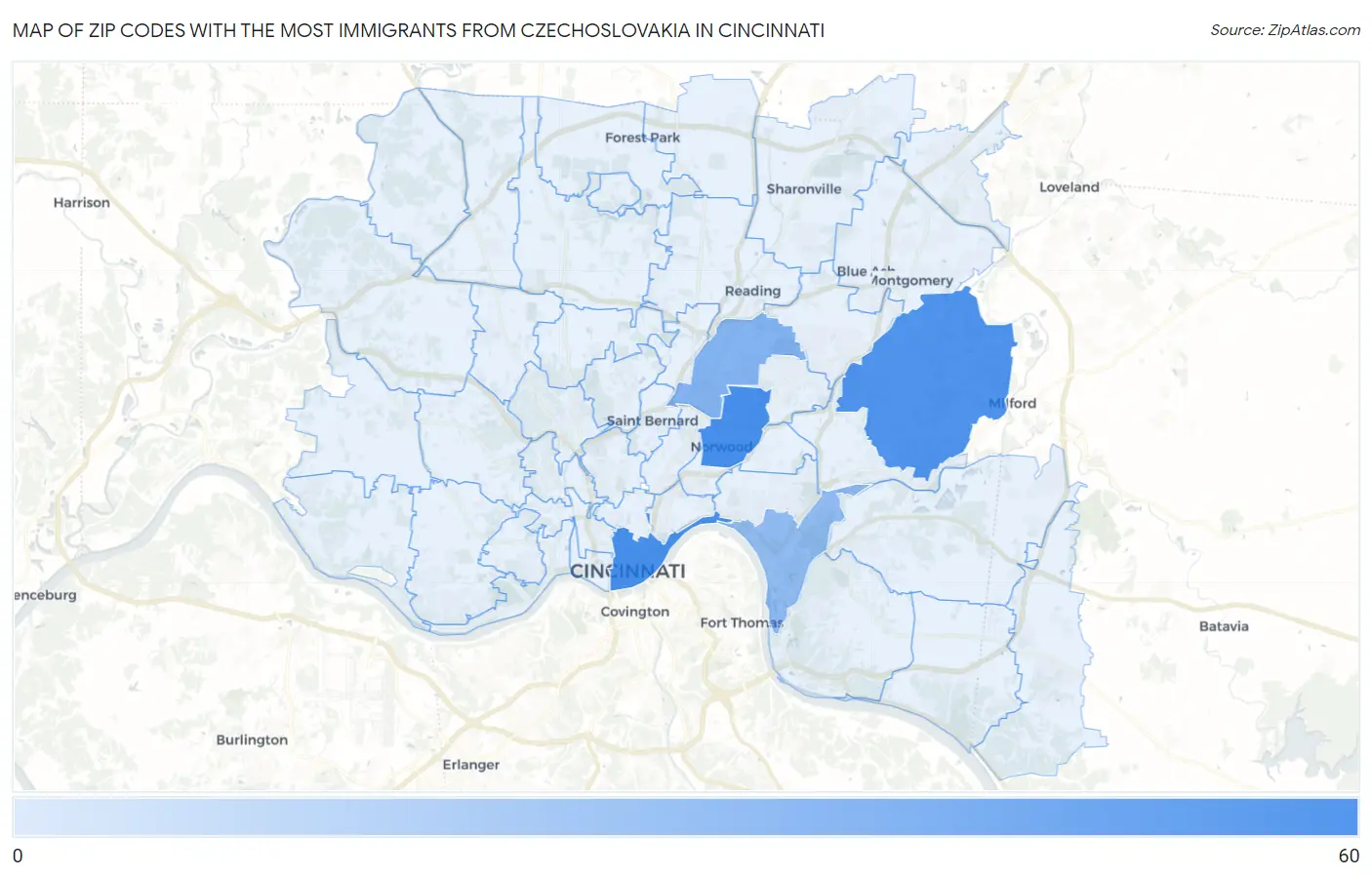 Zip Codes with the Most Immigrants from Czechoslovakia in Cincinnati Map