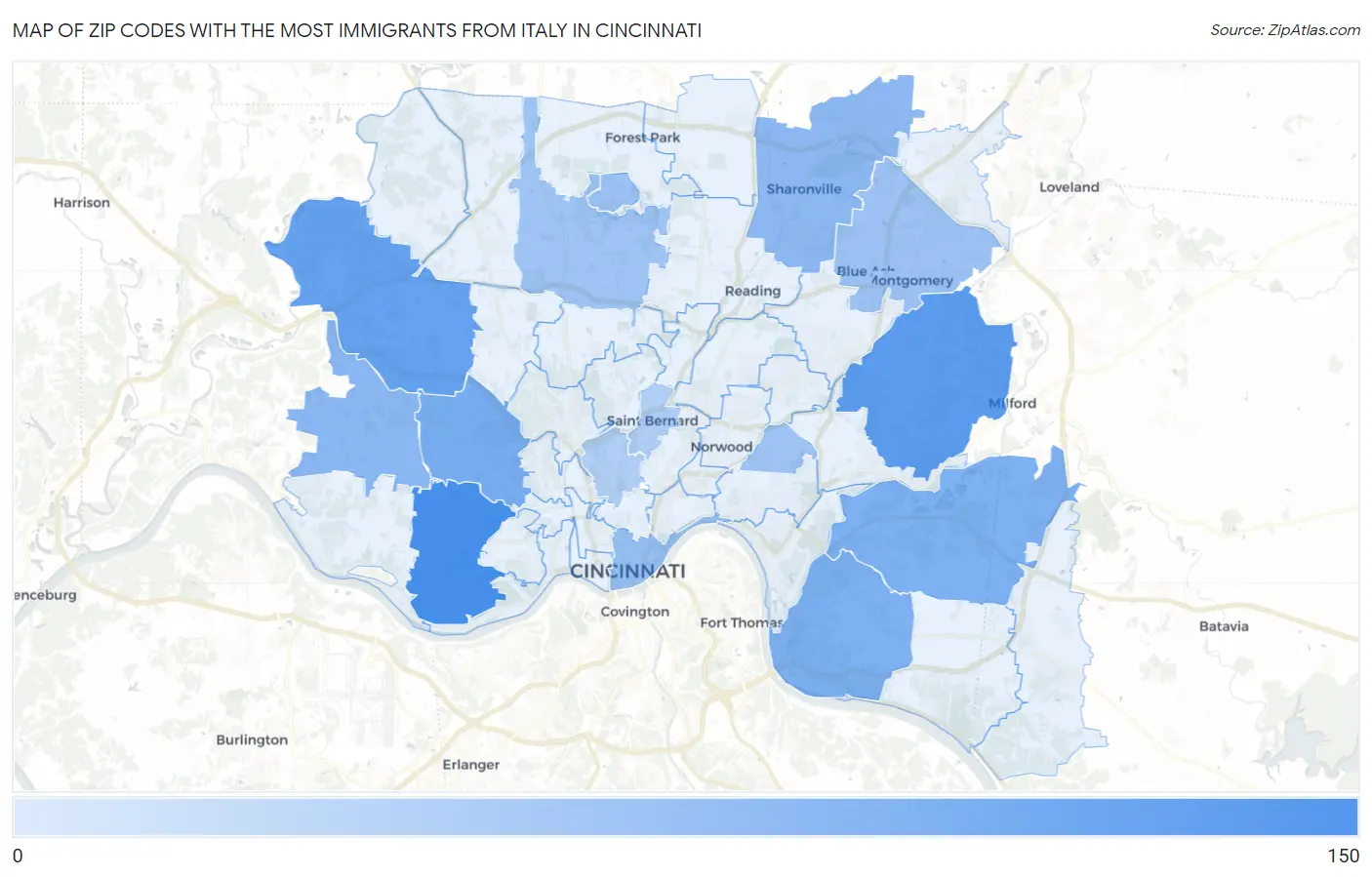 Zip Codes with the Most Immigrants from Italy in Cincinnati Map