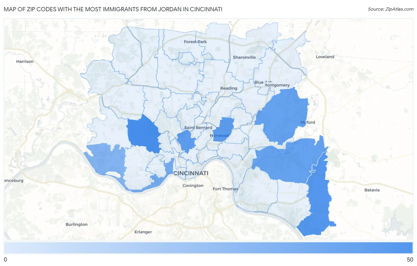 Zip Codes with the Most Immigrants from Jordan in Cincinnati Map