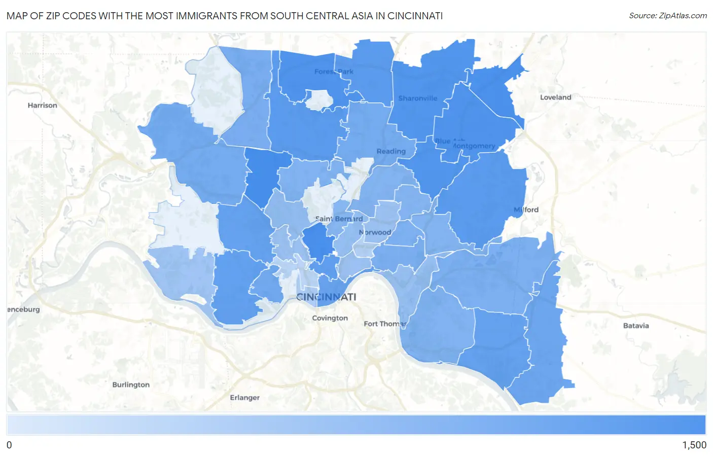 Zip Codes with the Most Immigrants from South Central Asia in Cincinnati Map