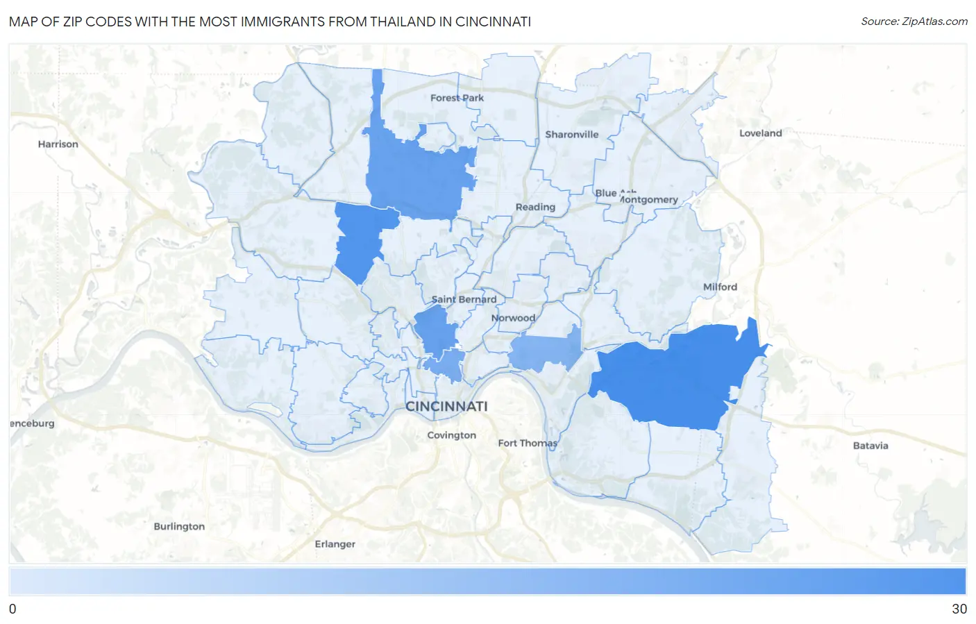 Zip Codes with the Most Immigrants from Thailand in Cincinnati Map