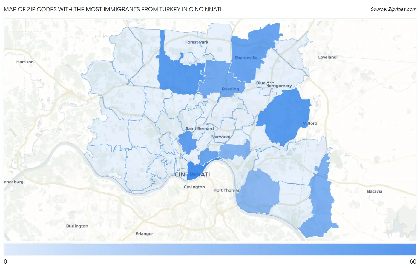 Zip Codes with the Most Immigrants from Turkey in Cincinnati Map