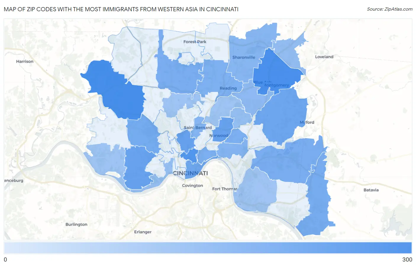 Zip Codes with the Most Immigrants from Western Asia in Cincinnati Map