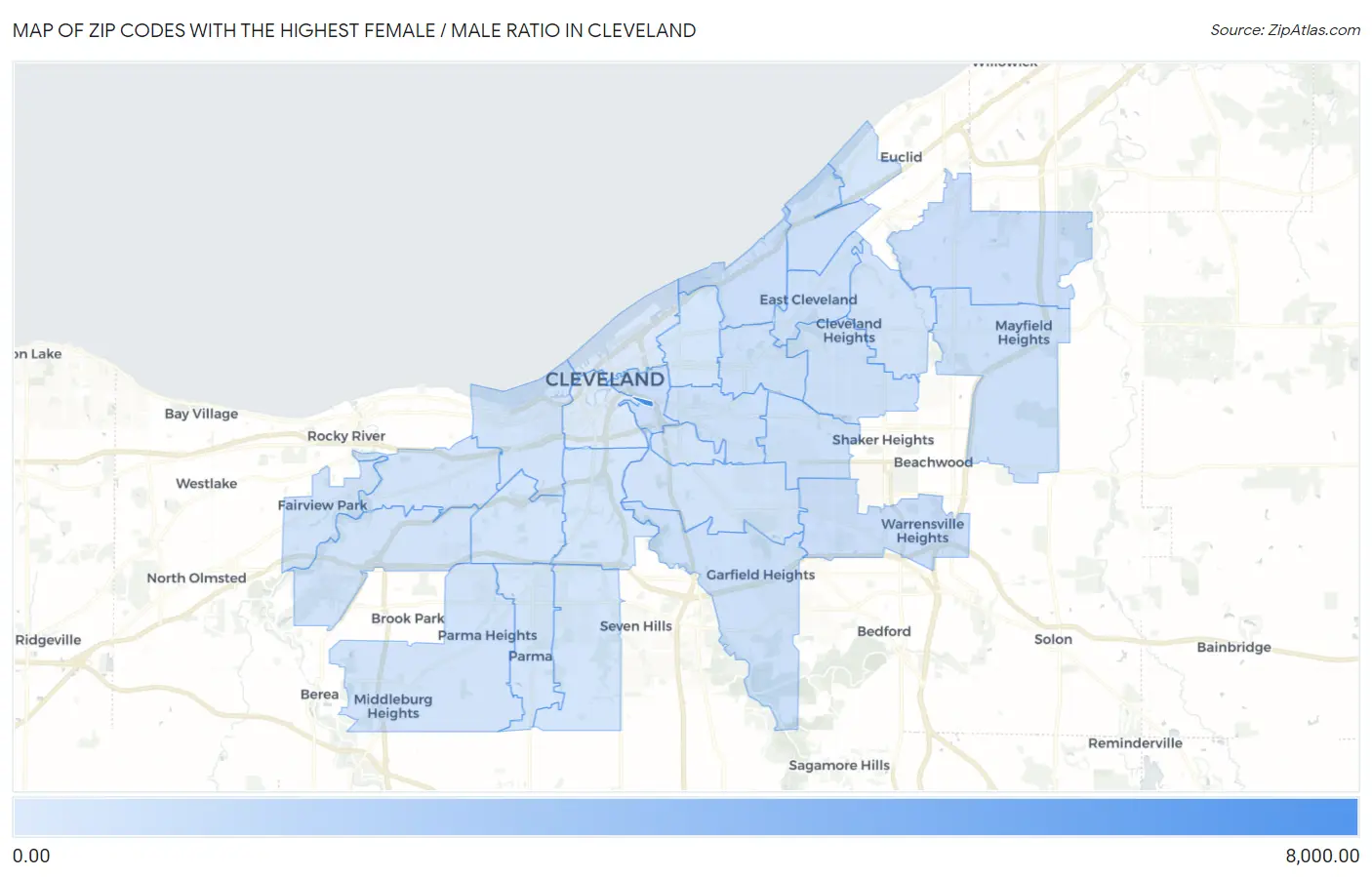 Zip Codes with the Highest Female / Male Ratio in Cleveland Map