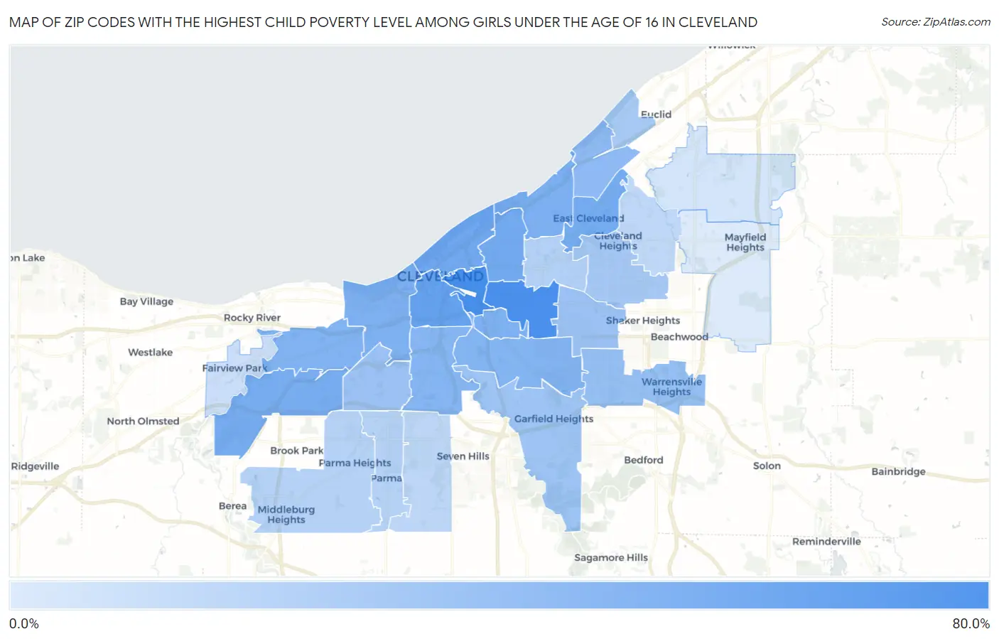 Zip Codes with the Highest Child Poverty Level Among Girls Under the Age of 16 in Cleveland Map