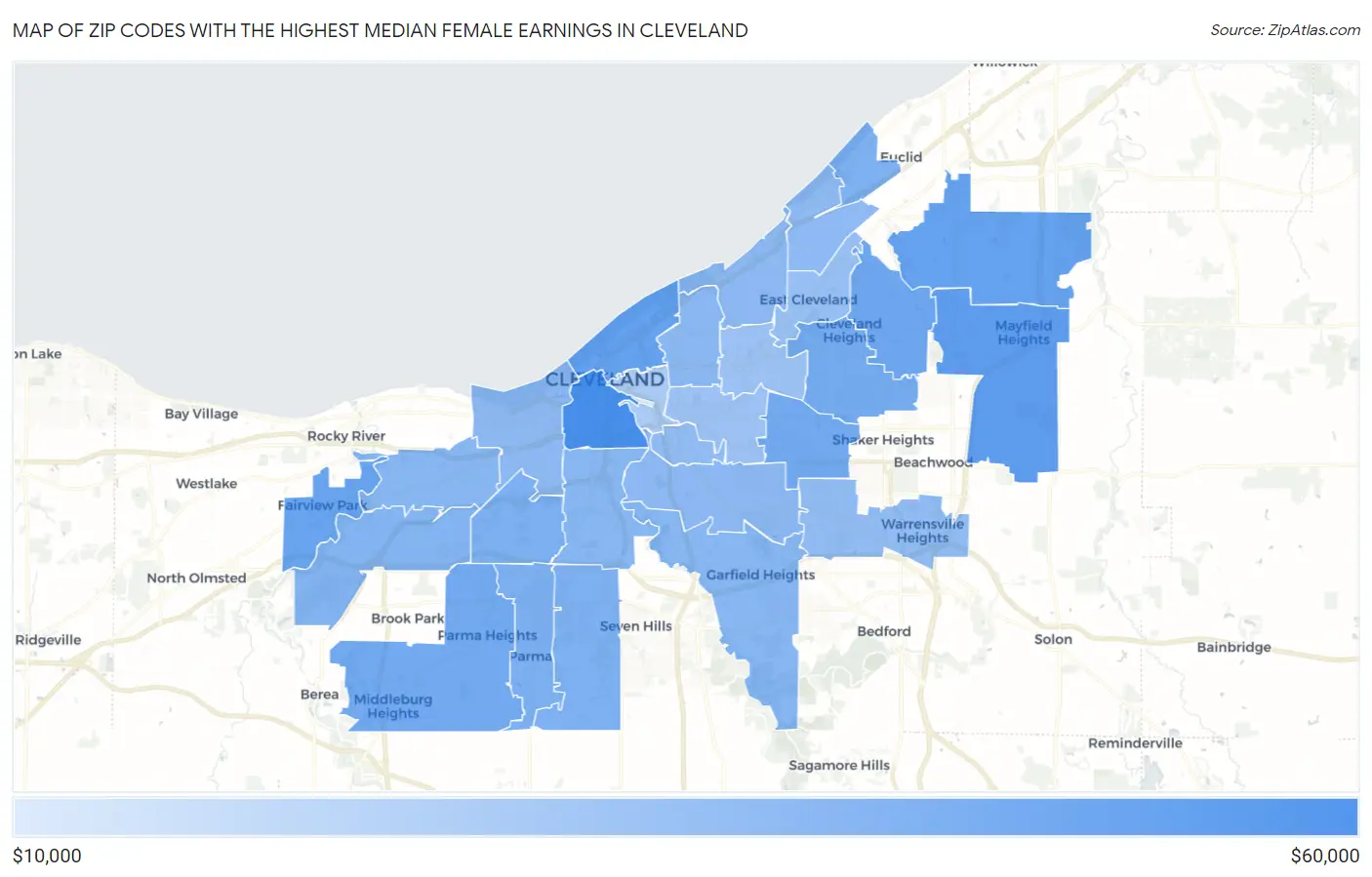 Zip Codes with the Highest Median Female Earnings in Cleveland Map