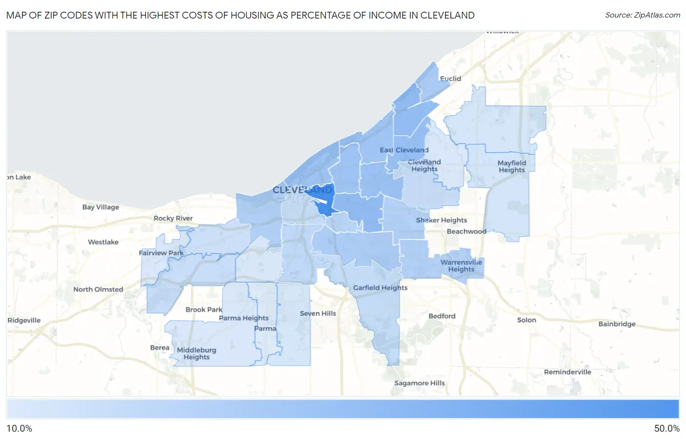 Zip Codes with the Highest Costs of Housing as Percentage of Income in Cleveland Map