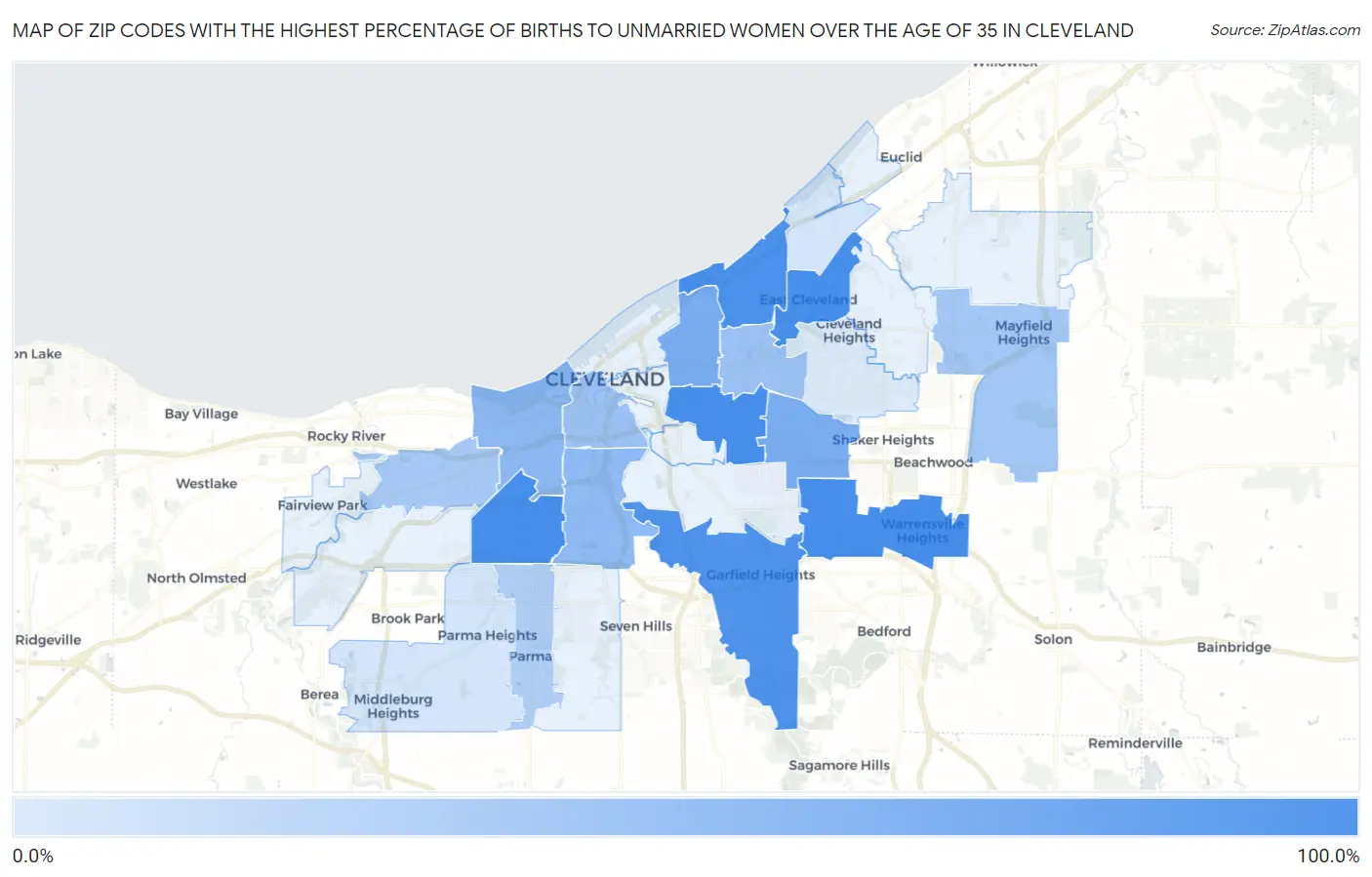Zip Codes with the Highest Percentage of Births to Unmarried Women over the Age of 35 in Cleveland Map