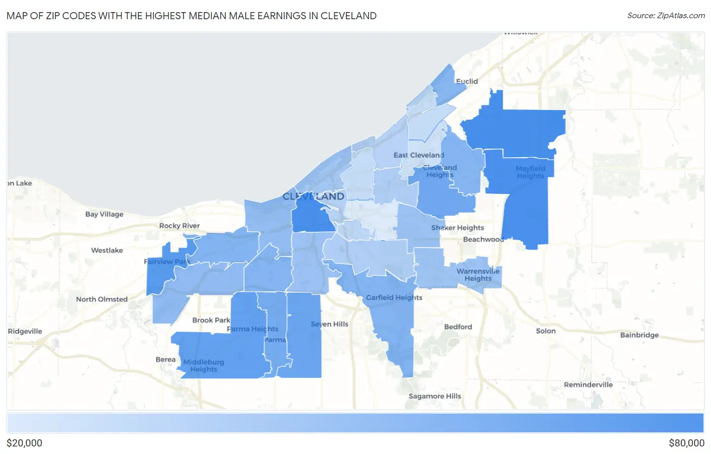 Zip Codes with the Highest Median Male Earnings in Cleveland Map