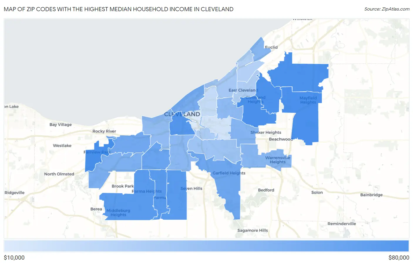 Zip Codes with the Highest Median Household Income in Cleveland Map