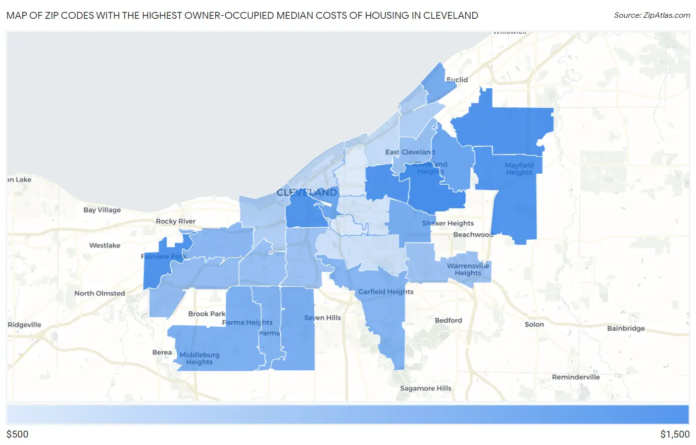 Zip Codes with the Highest Owner-Occupied Median Costs of Housing in Cleveland Map