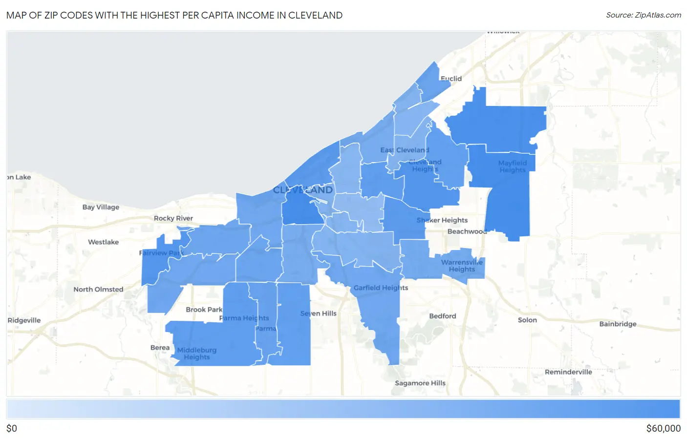 Zip Codes with the Highest Per Capita Income in Cleveland Map