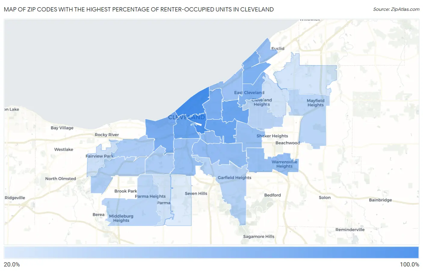 Zip Codes with the Highest Percentage of Renter-Occupied Units in Cleveland Map