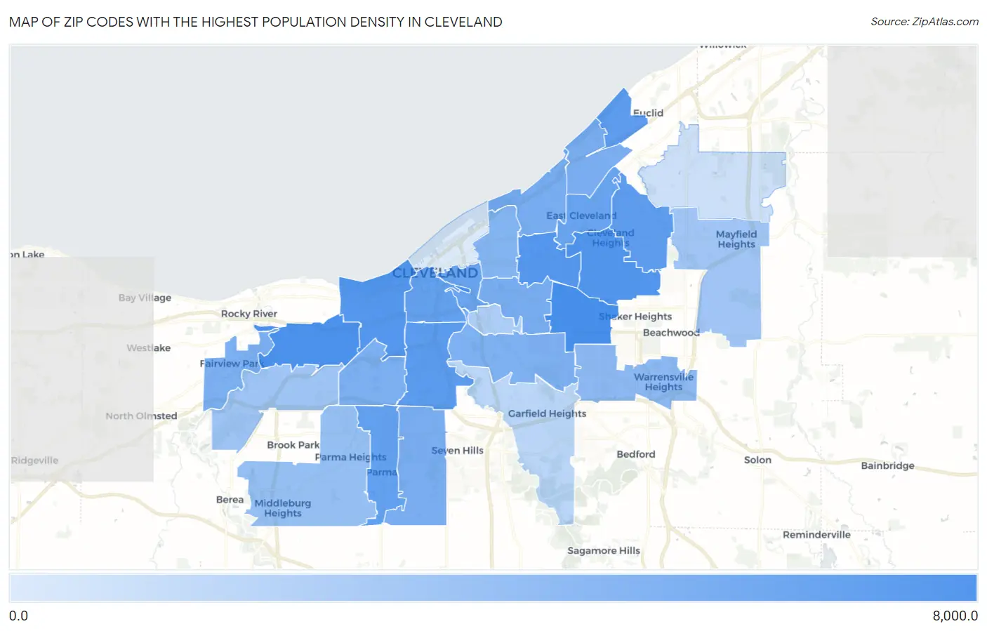 Zip Codes with the Highest Population Density in Cleveland Map