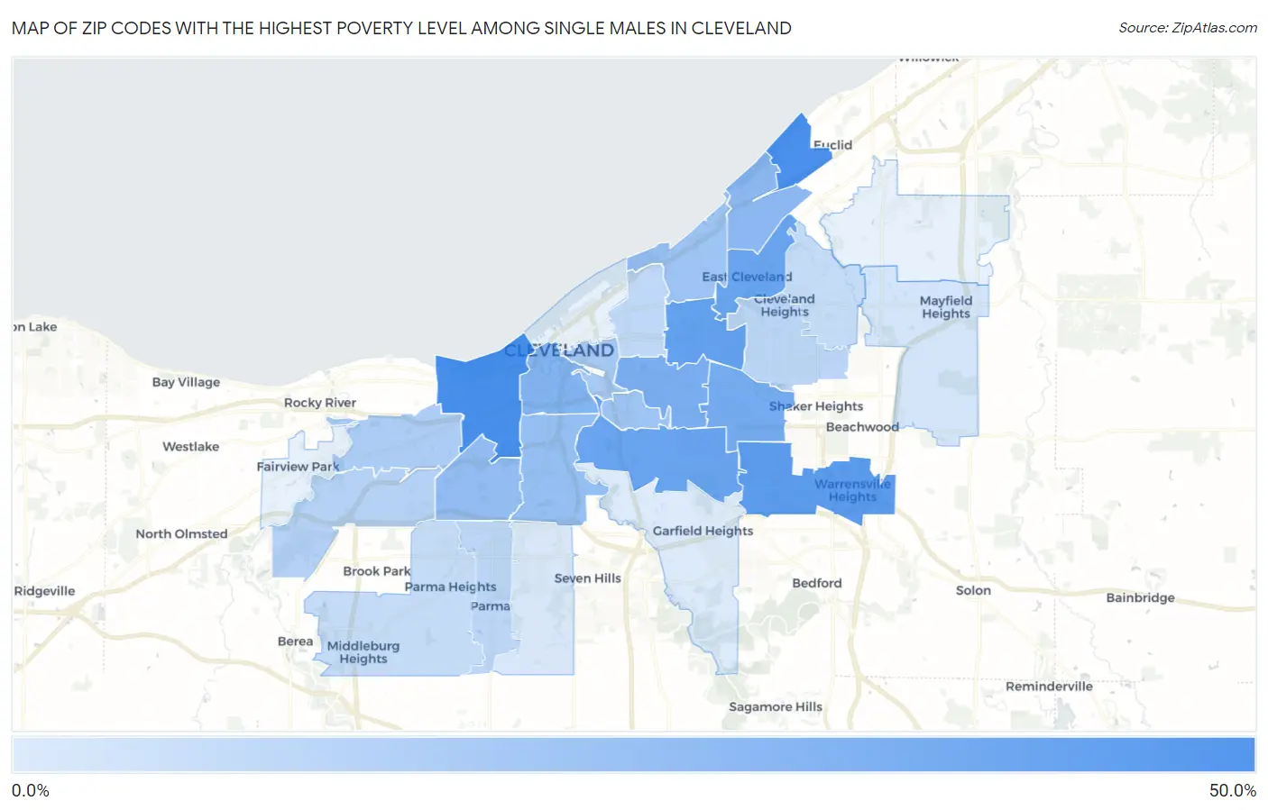 Zip Codes with the Highest Poverty Level Among Single Males in Cleveland Map
