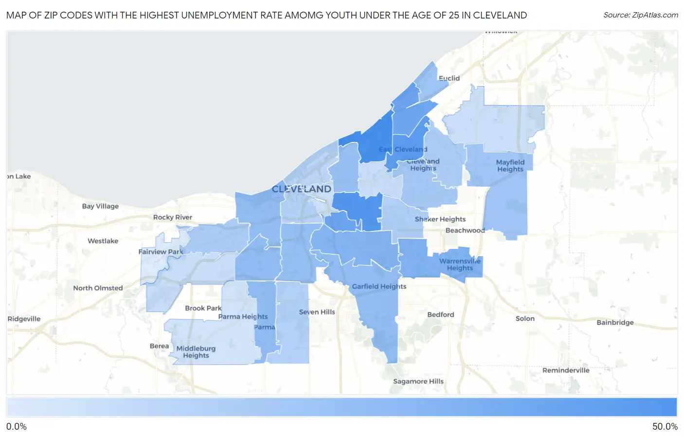 Zip Codes with the Highest Unemployment Rate Amomg Youth Under the Age of 25 in Cleveland Map