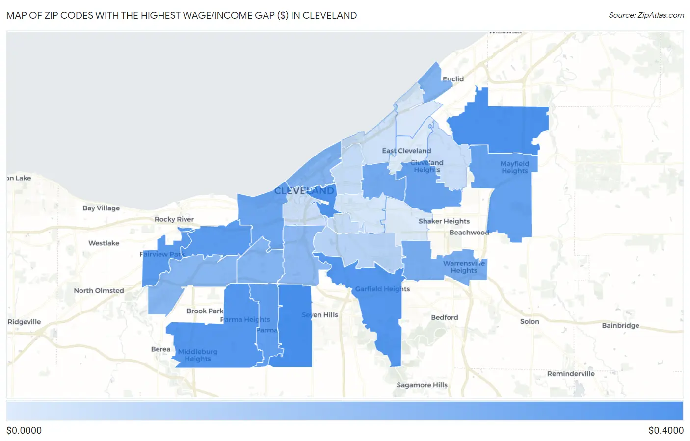 Zip Codes with the Highest Wage/Income Gap ($) in Cleveland Map