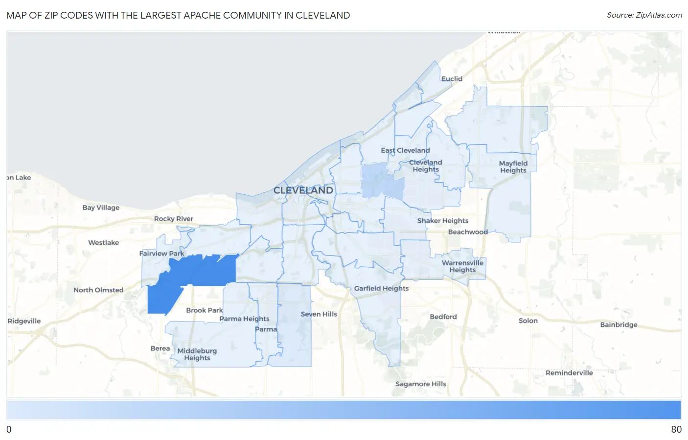 Zip Codes with the Largest Apache Community in Cleveland Map