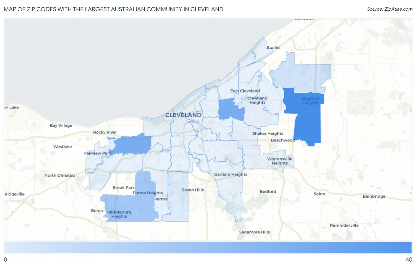 Zip Codes with the Largest Australian Community in Cleveland Map
