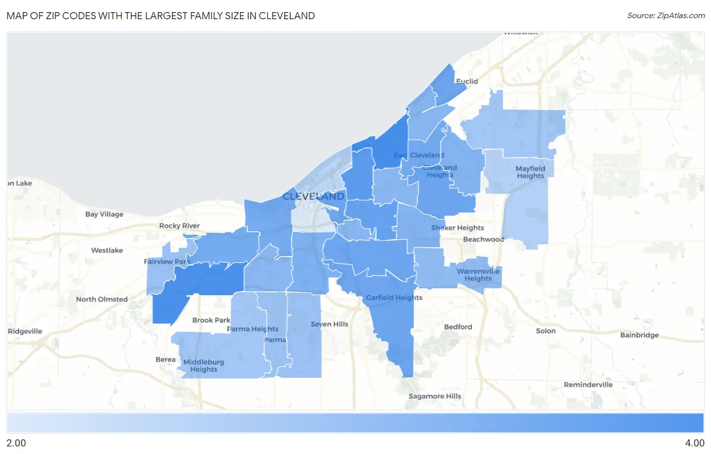 Zip Codes with the Largest Family Size in Cleveland Map