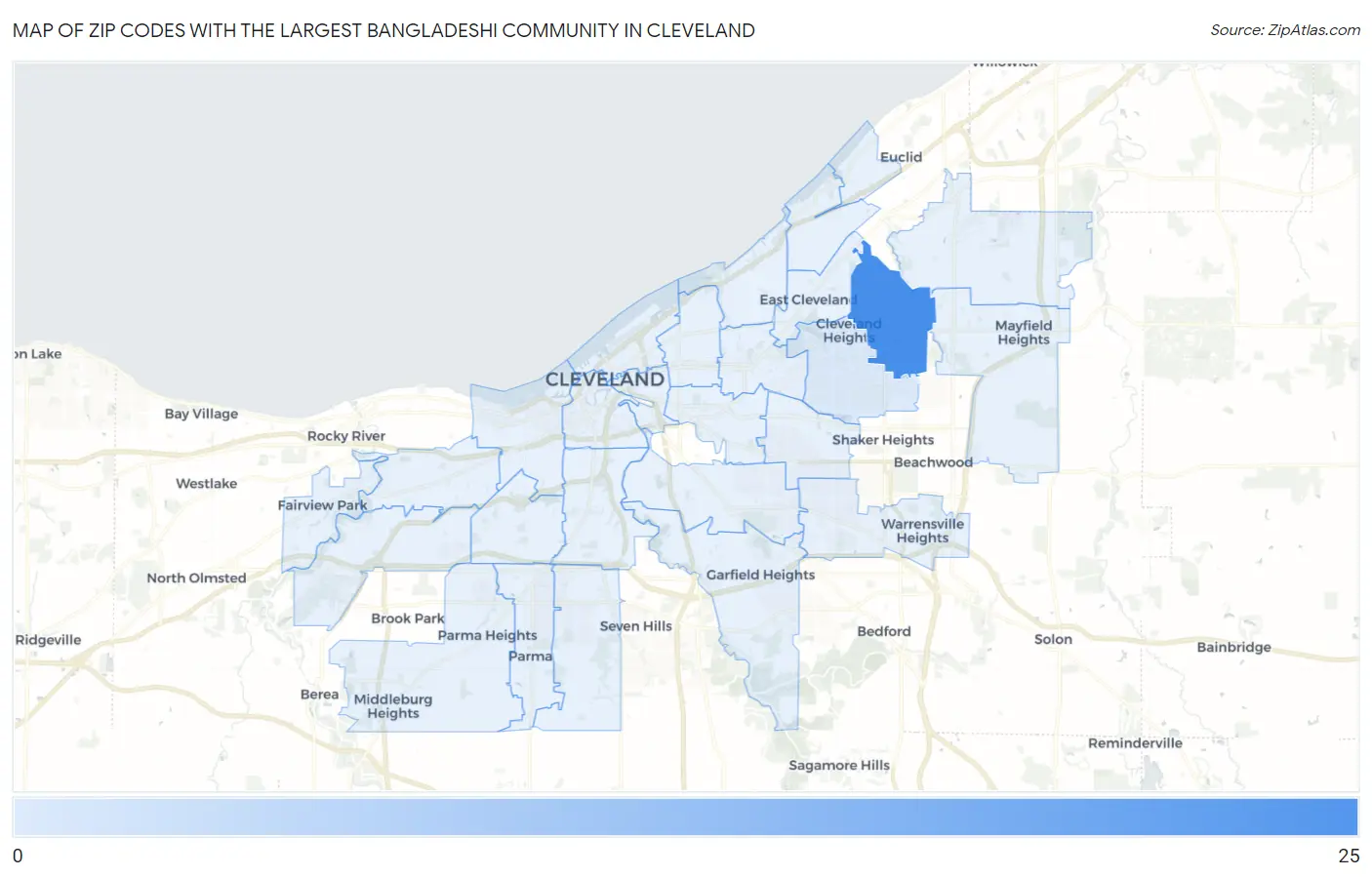 Zip Codes with the Largest Bangladeshi Community in Cleveland Map