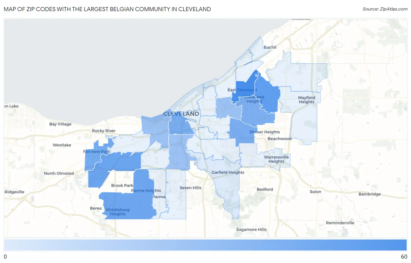 Zip Codes with the Largest Belgian Community in Cleveland Map