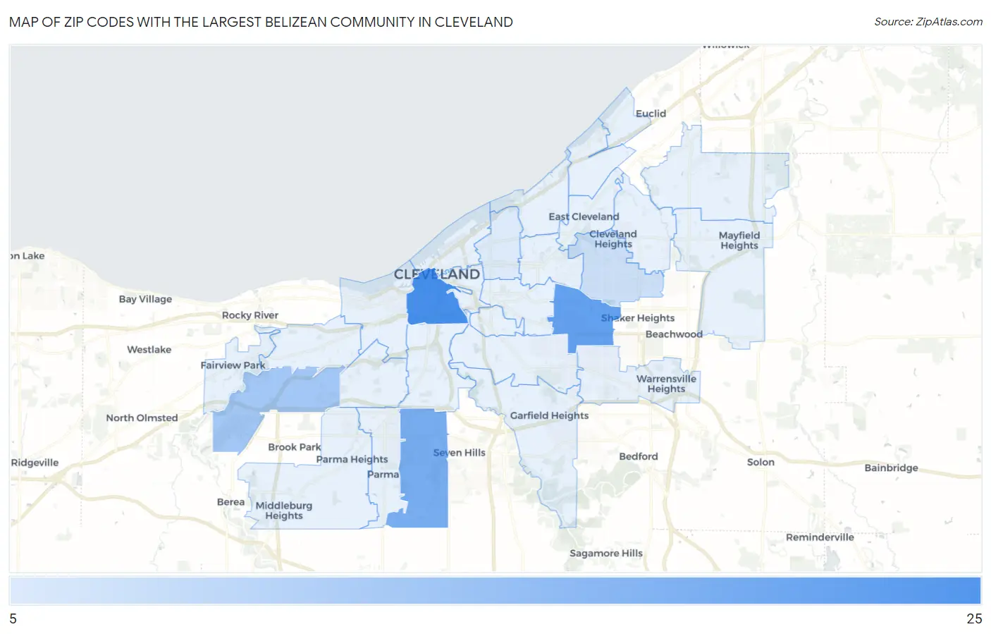 Zip Codes with the Largest Belizean Community in Cleveland Map