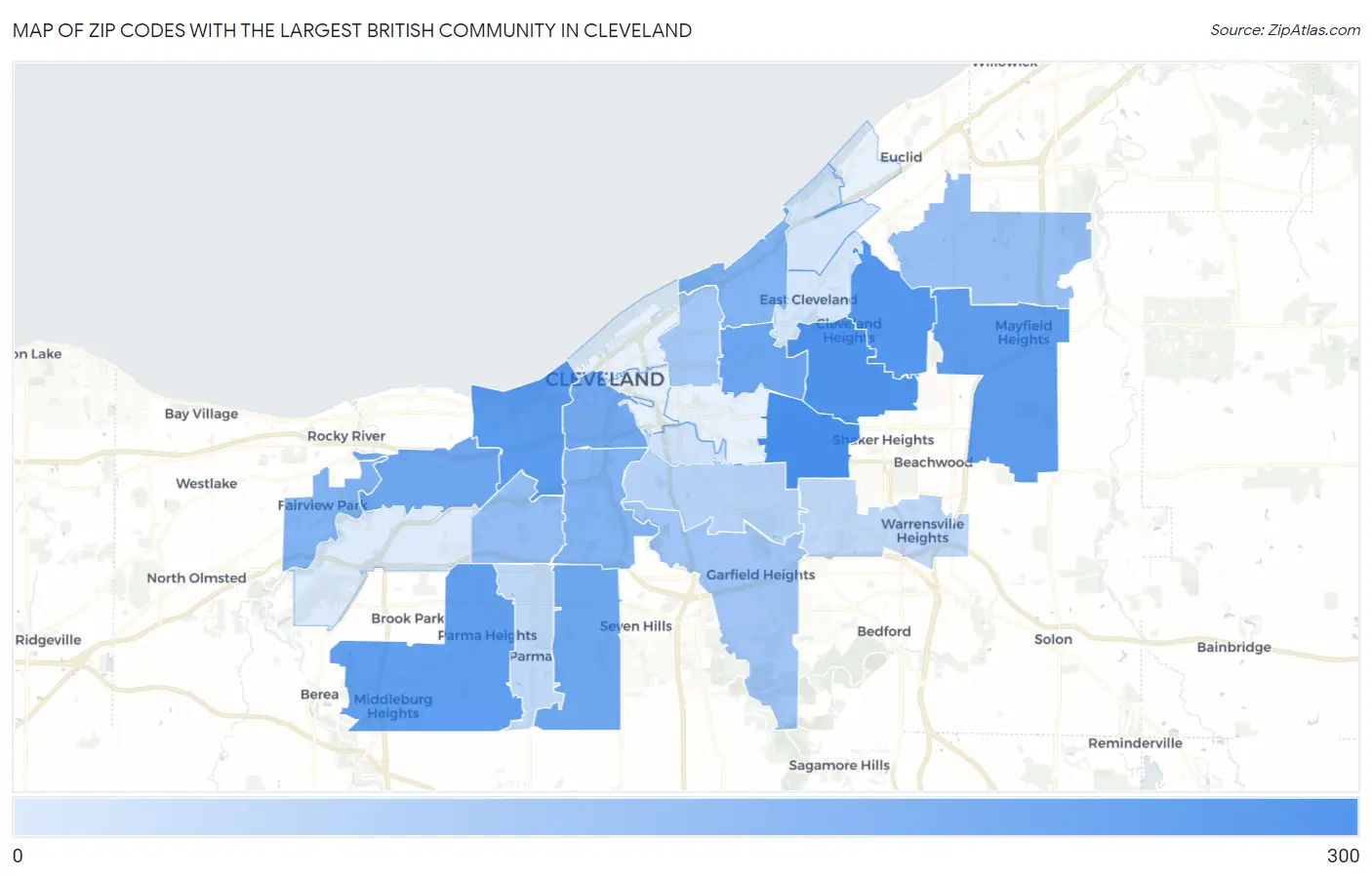 Zip Codes with the Largest British Community in Cleveland Map
