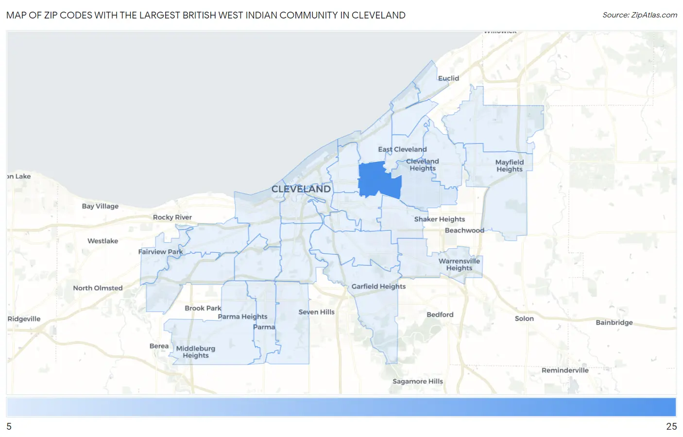 Zip Codes with the Largest British West Indian Community in Cleveland Map