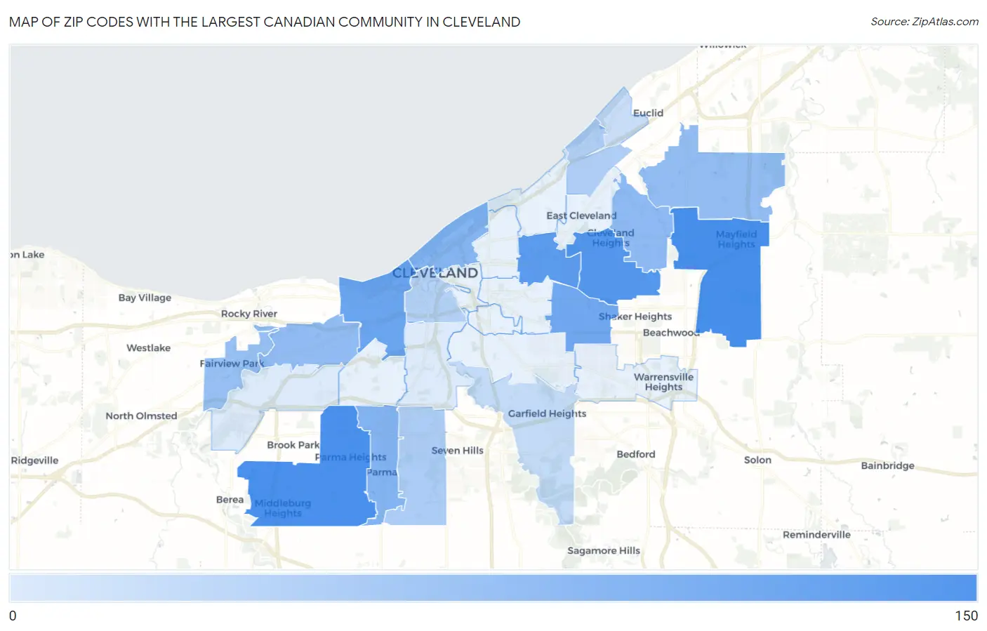 Zip Codes with the Largest Canadian Community in Cleveland Map