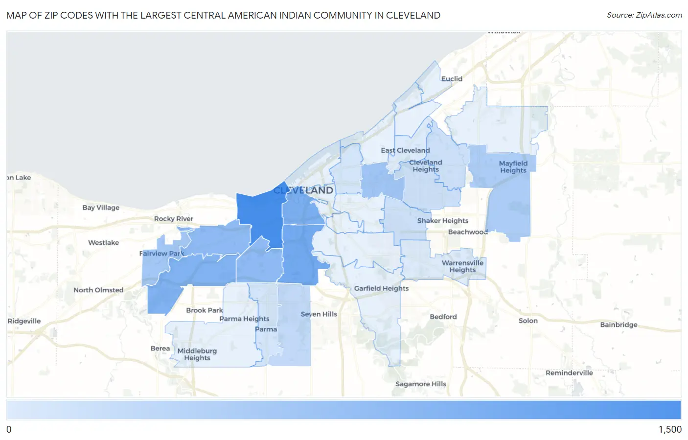 Zip Codes with the Largest Central American Indian Community in Cleveland Map