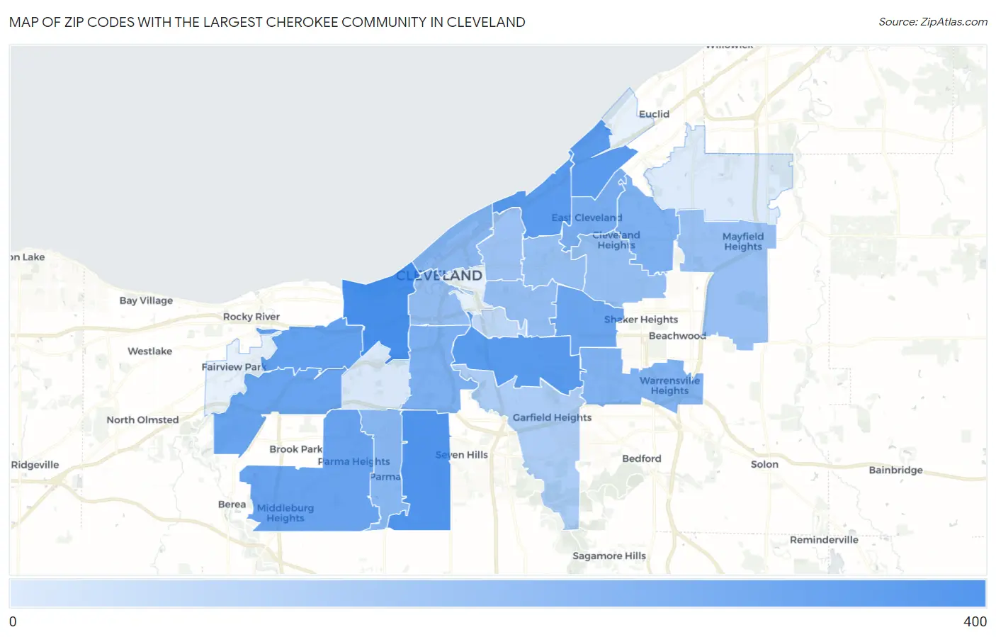 Zip Codes with the Largest Cherokee Community in Cleveland Map