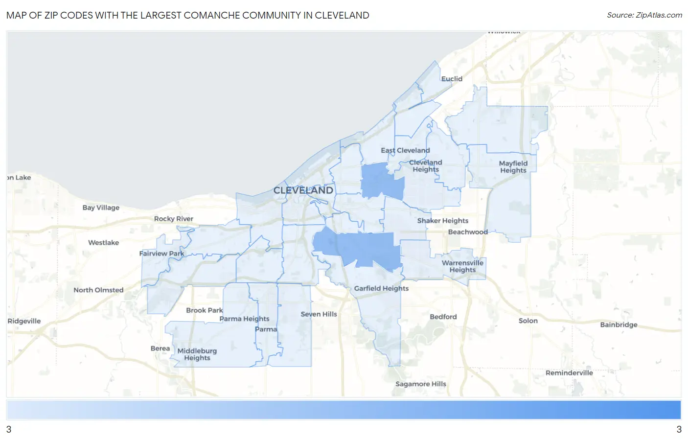 Zip Codes with the Largest Comanche Community in Cleveland Map