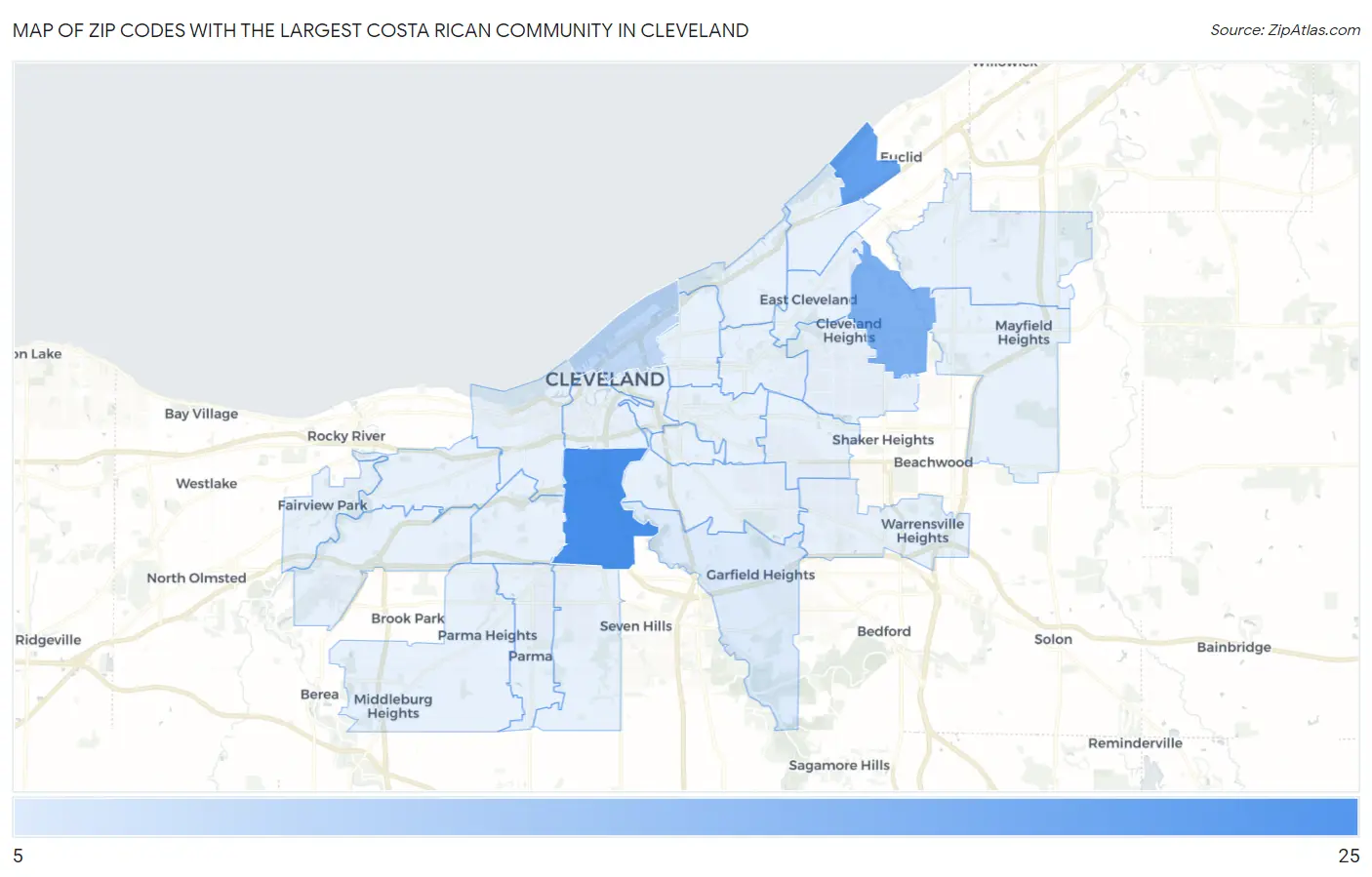 Zip Codes with the Largest Costa Rican Community in Cleveland Map