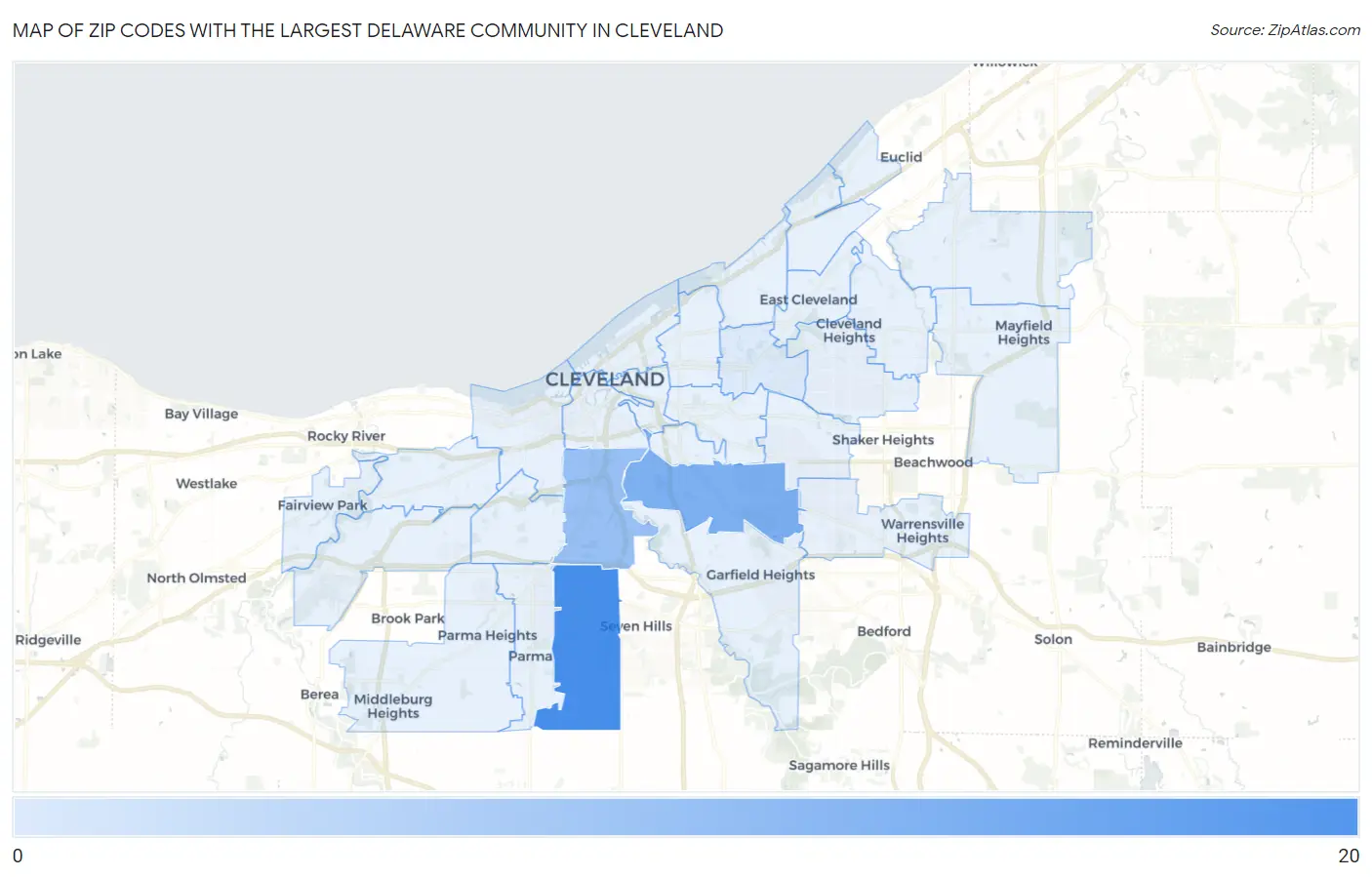 Zip Codes with the Largest Delaware Community in Cleveland Map