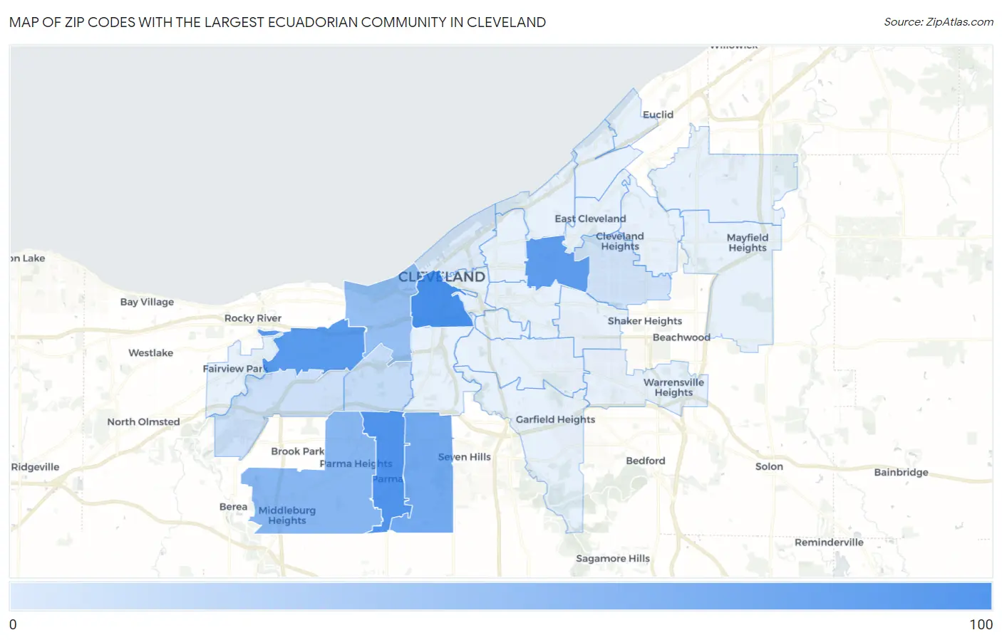 Zip Codes with the Largest Ecuadorian Community in Cleveland Map