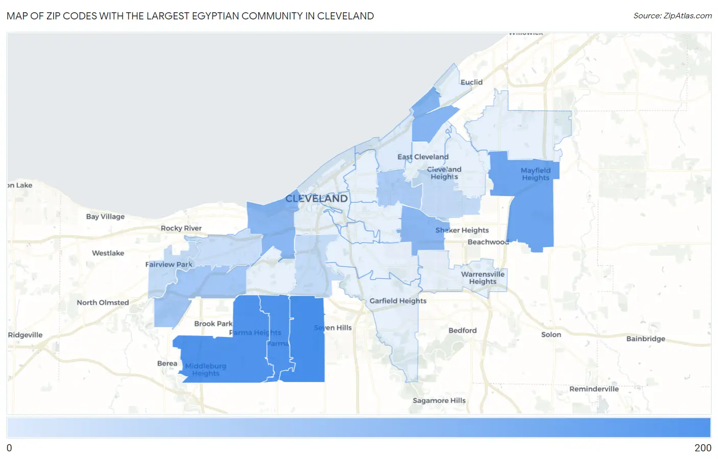 Zip Codes with the Largest Egyptian Community in Cleveland Map
