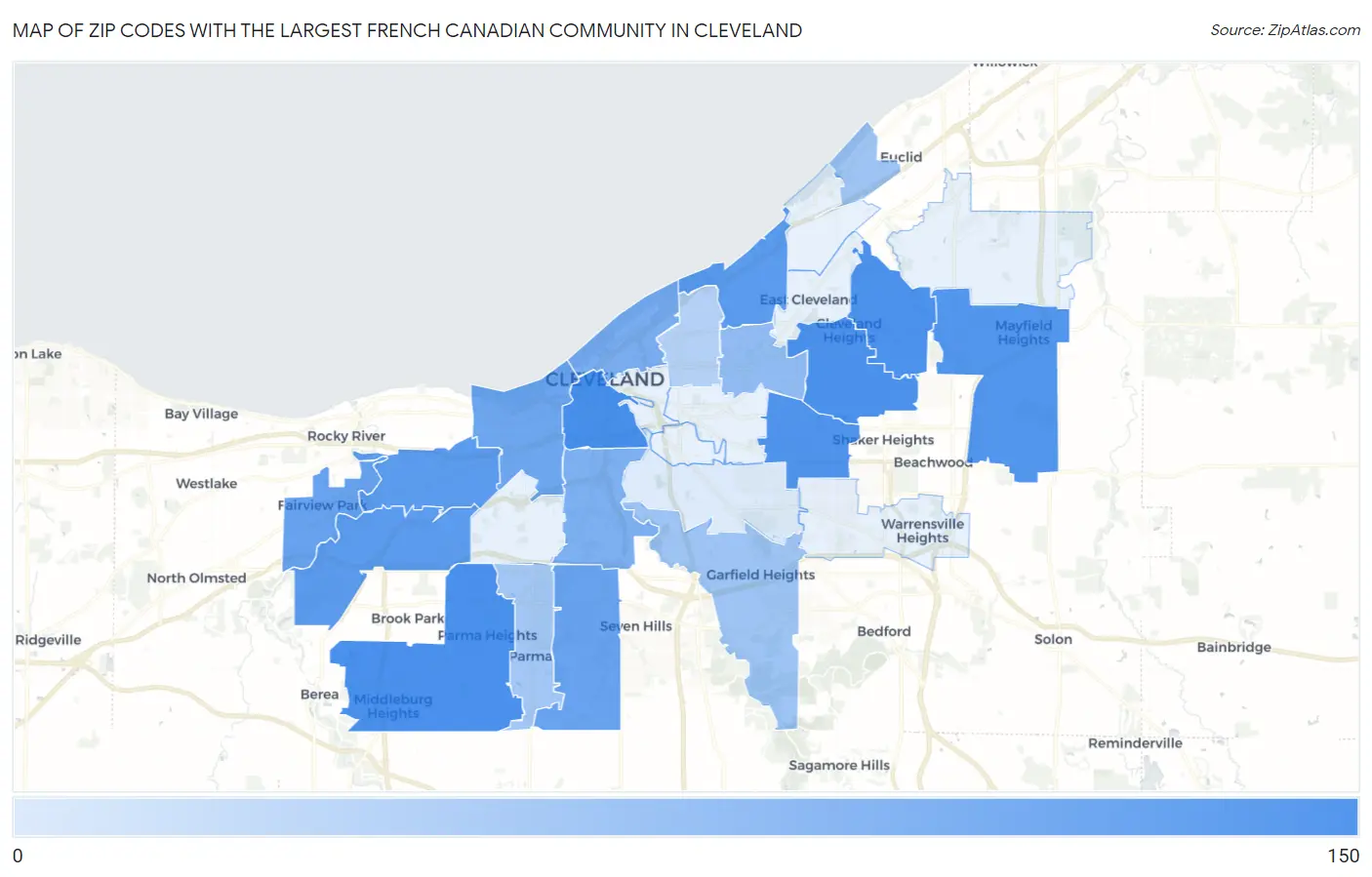 Zip Codes with the Largest French Canadian Community in Cleveland Map
