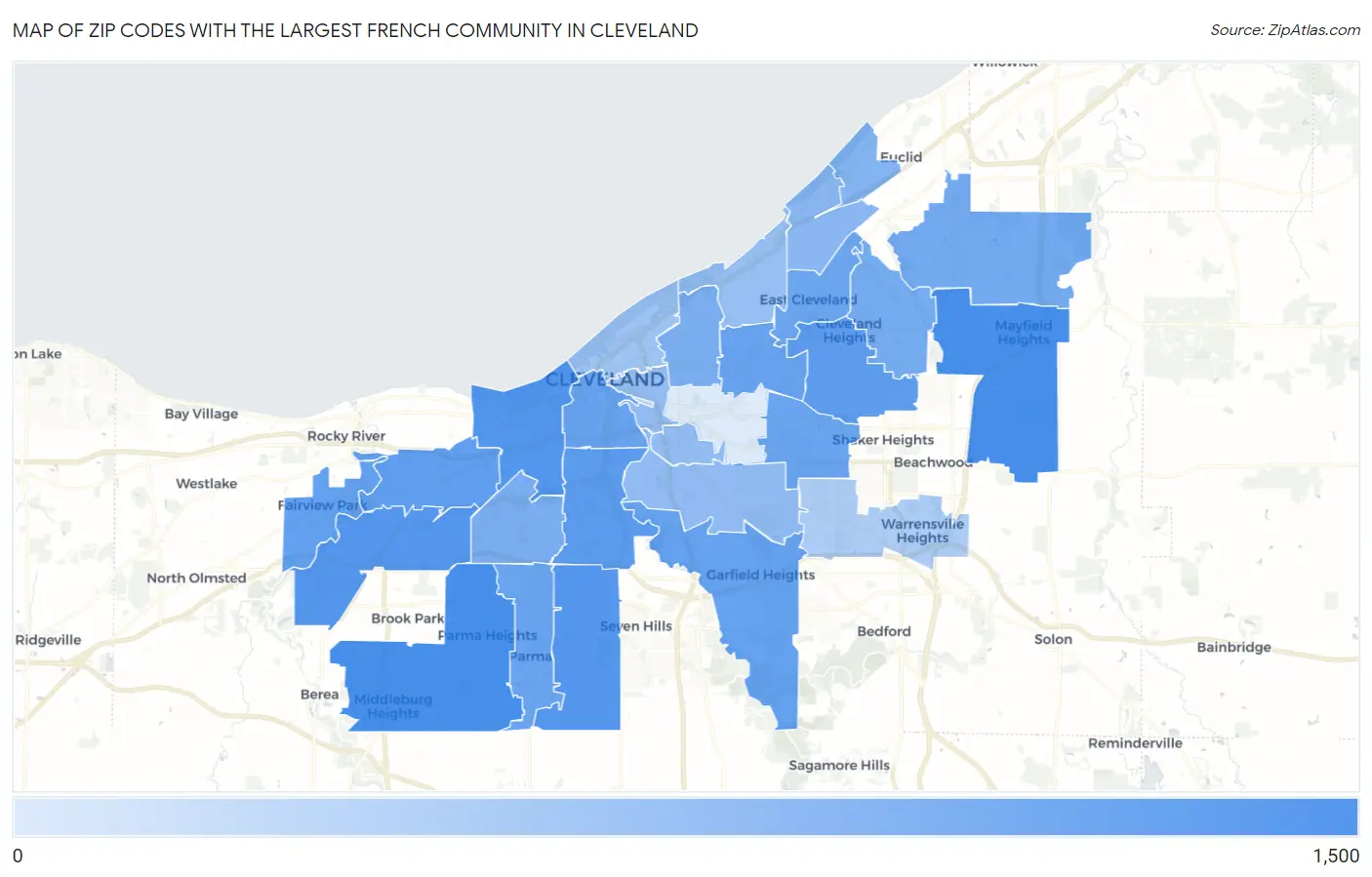 Zip Codes with the Largest French Community in Cleveland Map