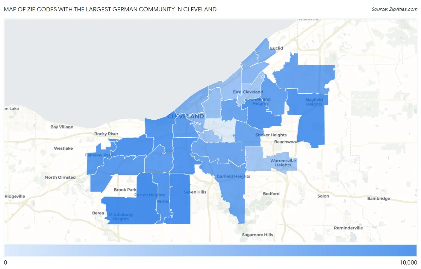 Zip Codes with the Largest German Community in Cleveland Map