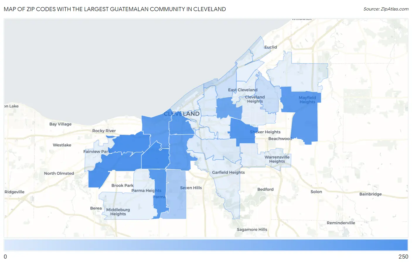 Zip Codes with the Largest Guatemalan Community in Cleveland Map