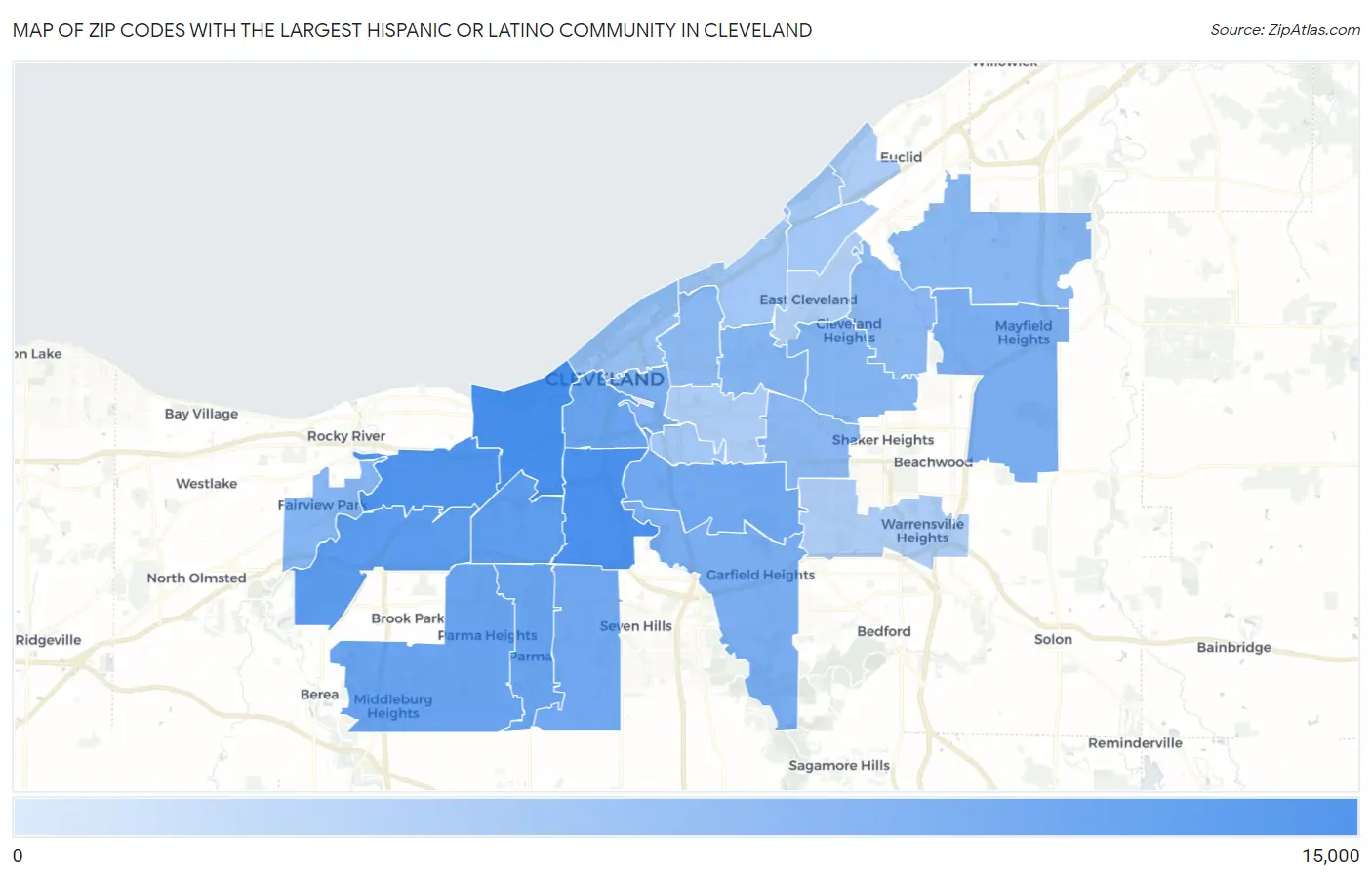 Zip Codes with the Largest Hispanic or Latino Community in Cleveland Map