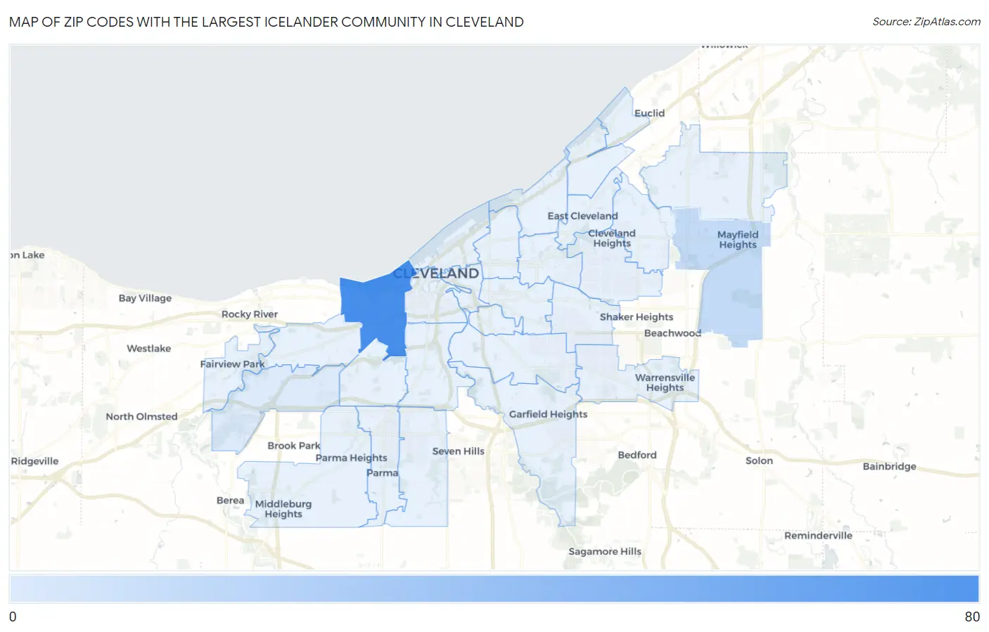 Zip Codes with the Largest Icelander Community in Cleveland Map
