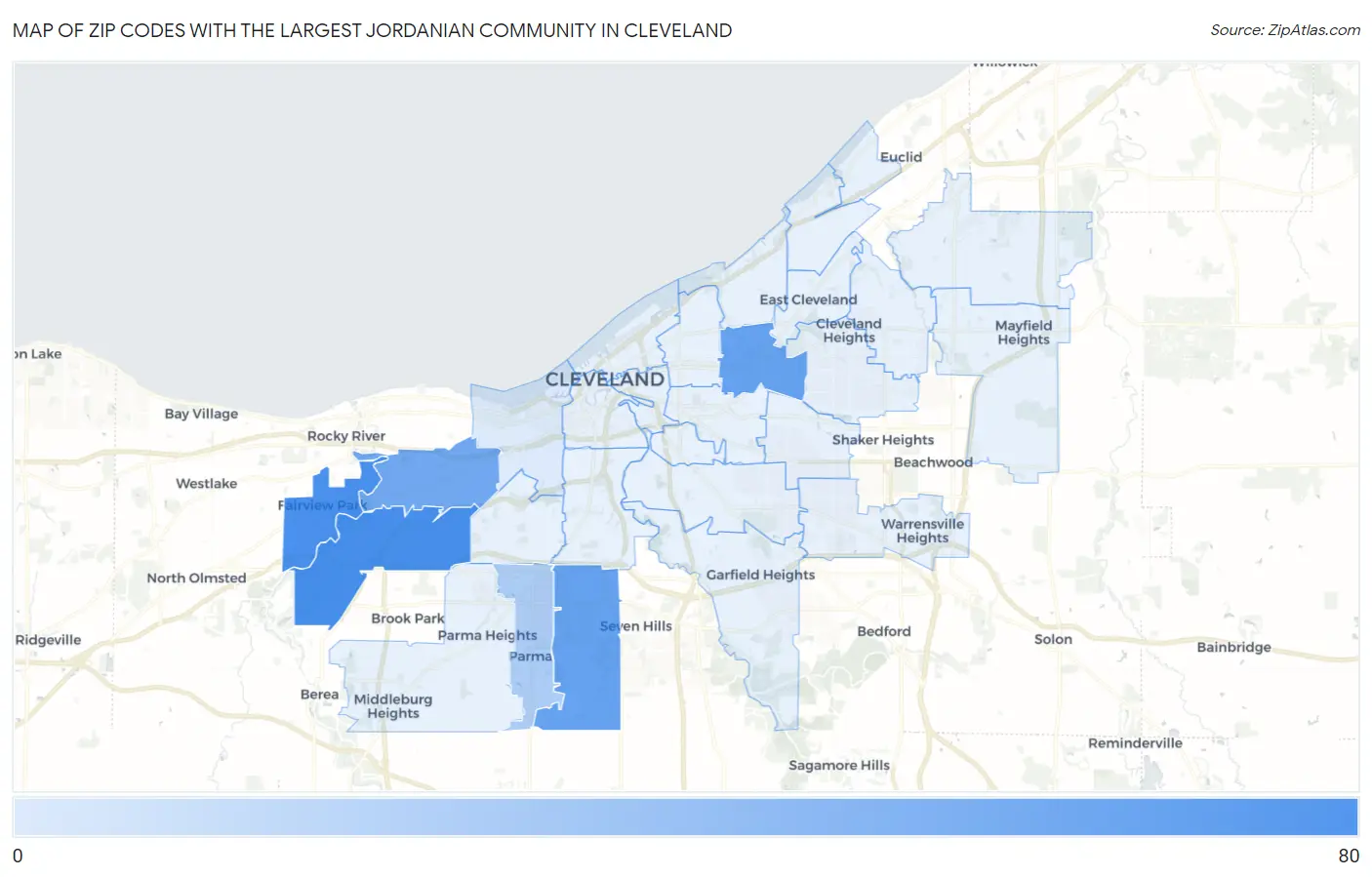 Zip Codes with the Largest Jordanian Community in Cleveland Map