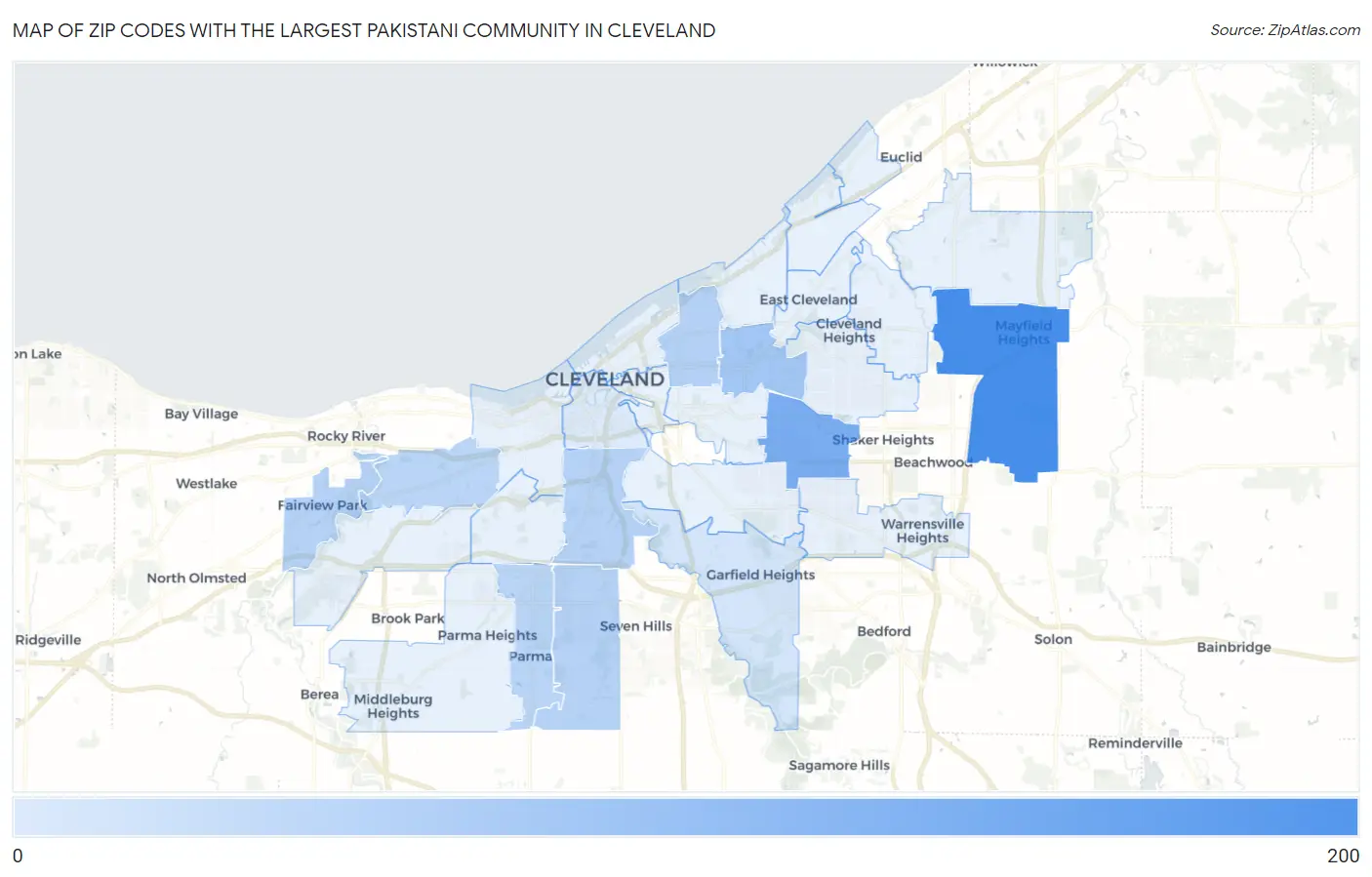 Zip Codes with the Largest Pakistani Community in Cleveland Map