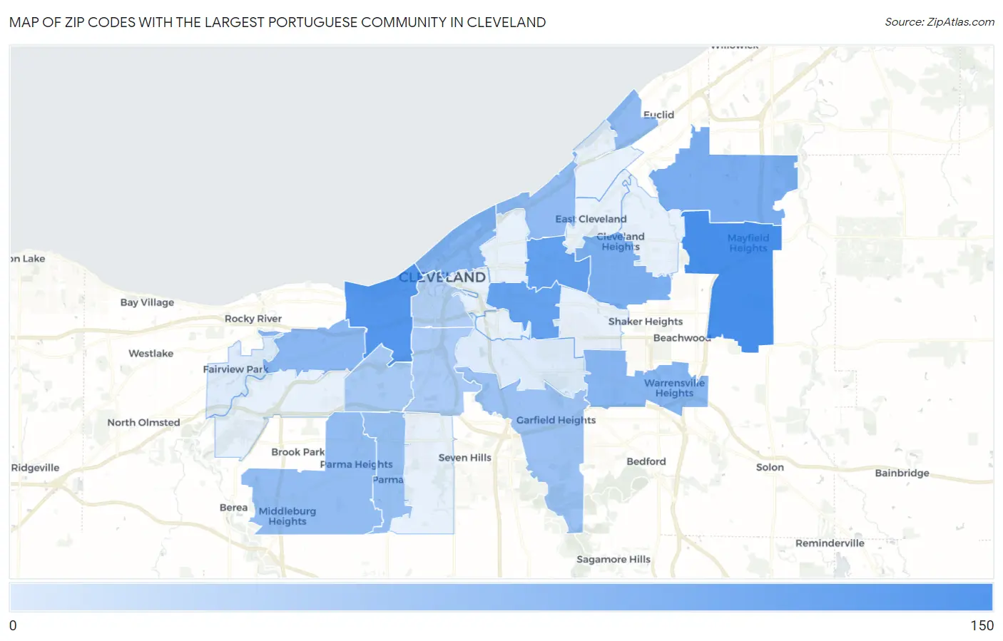 Zip Codes with the Largest Portuguese Community in Cleveland Map